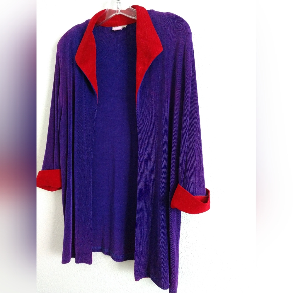 Fashque Travelers Knit Women's Blazer Jacket Open Front Purple Red Long Medium